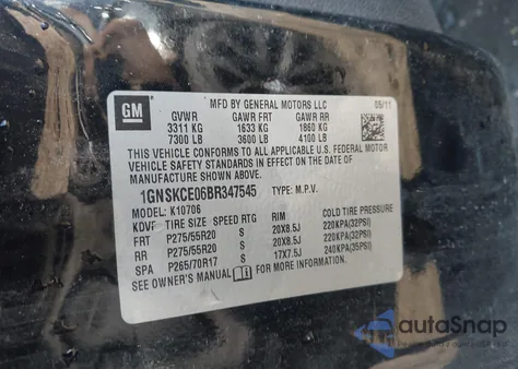 2011 Chevrolet Tahoe Ltz из США, поврежденный, VIN 1GNSKCE06BR347545